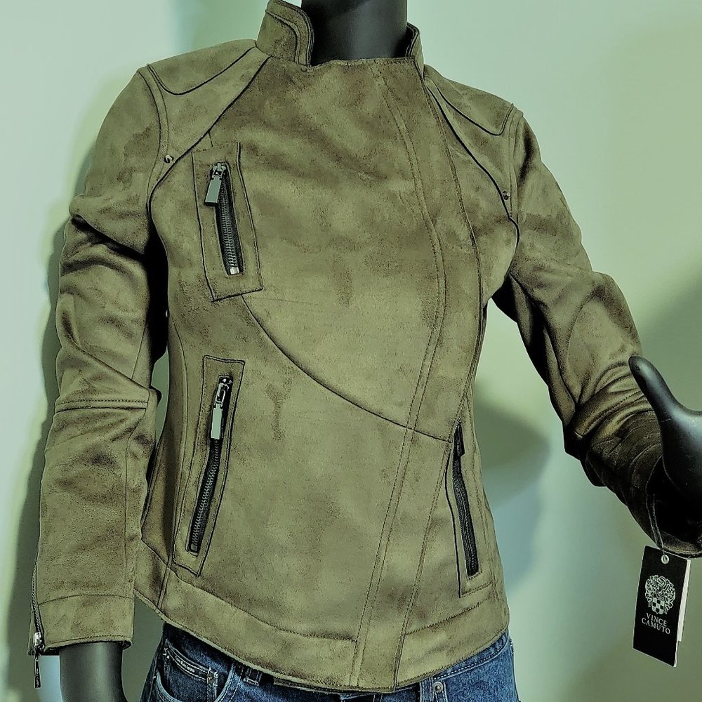 NWT Vince Camuto Woman's Olive Vegan Suede Moto Jacket - Picture 1 of 12